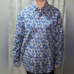 Tommy Bahama Men’s Blue Floral Button-Up Shirt • Size M • 100% Cotton